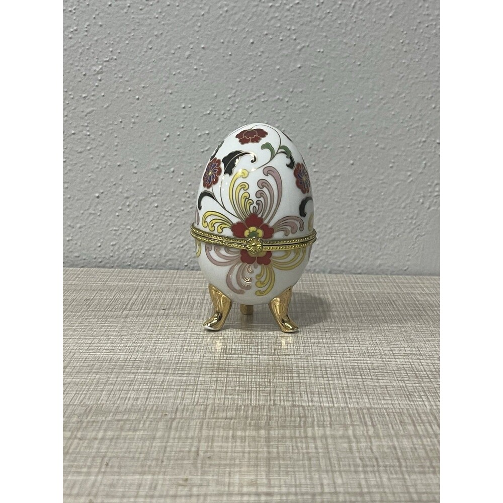 Vintage Porcelain Hinged Egg Trinket Box Floral Scroll Gold Footed Easter 4"